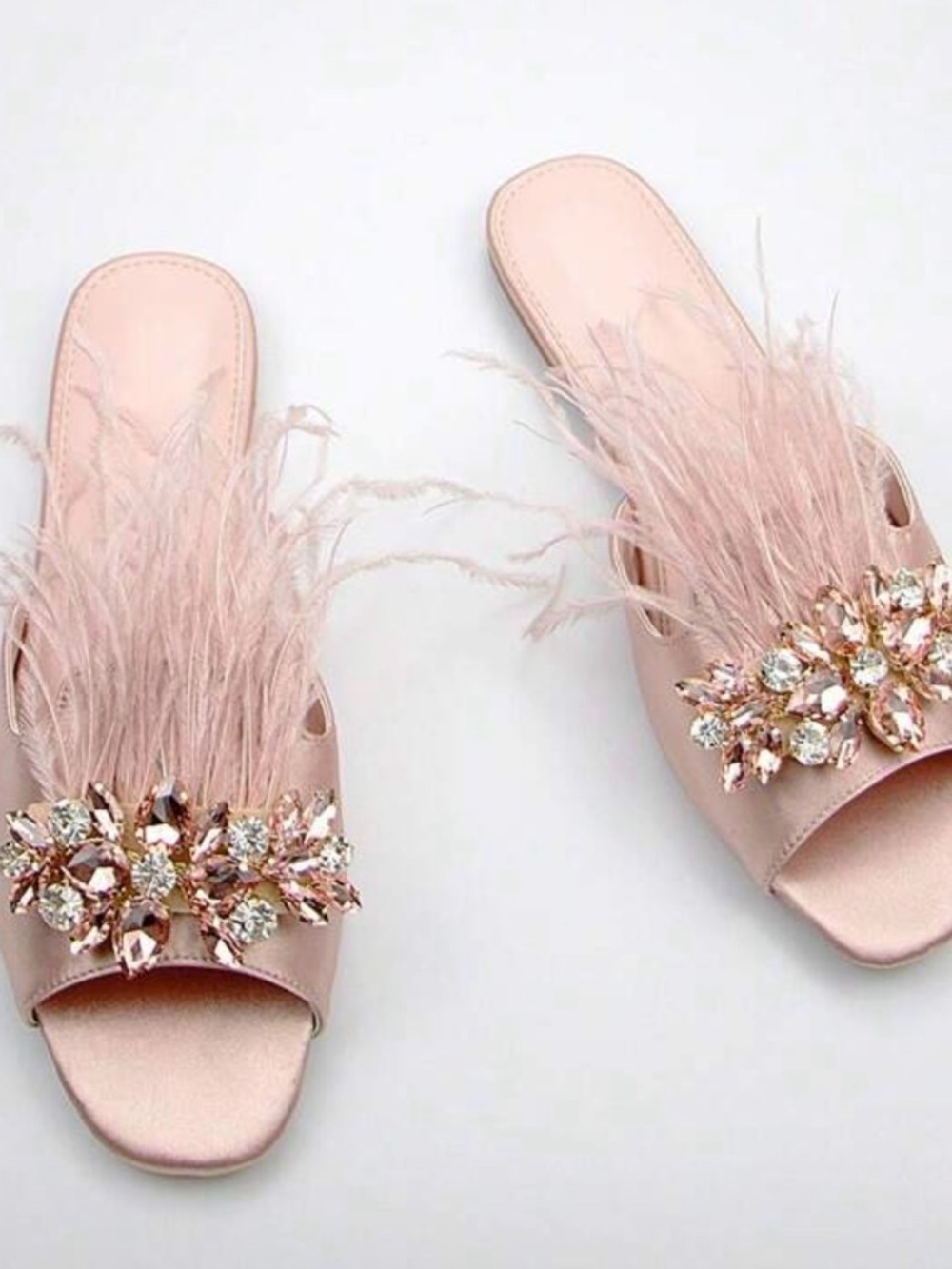 Embellished Feather Slide Sandals in Blush Pink